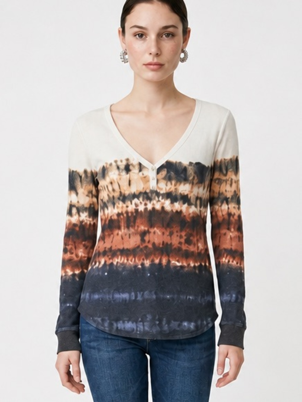 LuLaRoe Long-Sleeve V-Neck Tie-Dye Top in Cream, Rust, Navy